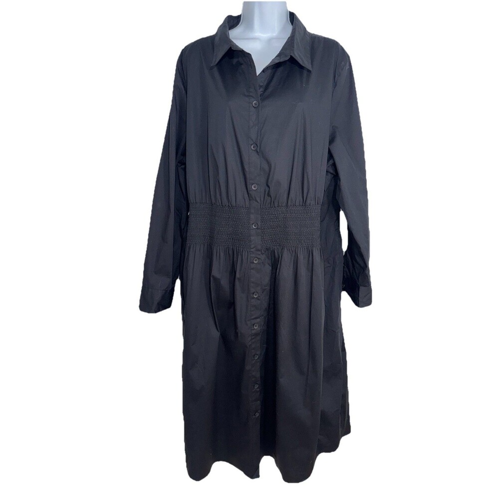 Universal Standard Hamptons Smocked Midi Shirt Dress Black Plus M 18/20 L/S